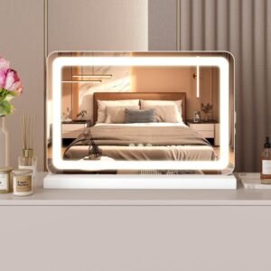 Vanity Mirror with Lights, LED Makeup Mirror with Dimmable 3 Color Modes, Touch Screen Control Vanity Based Mirror Desk Mirror Square White Decor